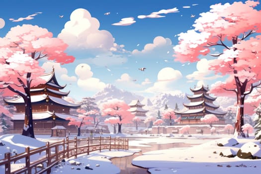 An exquisite winter composition, expertly capturing the tranquil allure of recently fallen snow draping over trees, landscapes, and architectural structures.