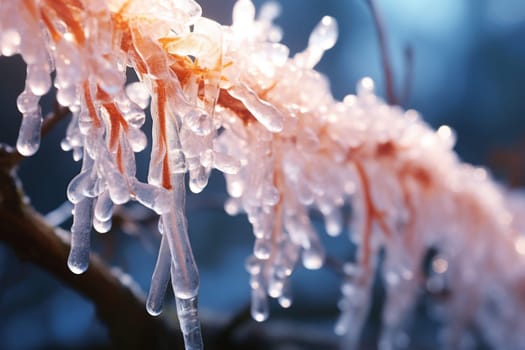 A remarkable portrayal of winter's allure, focusing on the glistening, see-through charm of icicles suspended from rooftops and tree limbs, showcasing their sparkling and crystalline elegance.