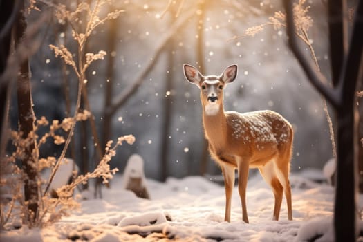 An enchanting winter tableau, showcasing the grace and resilience of wildlife, including deer, birds, and squirrels, in their natural habitats during the frosty season.