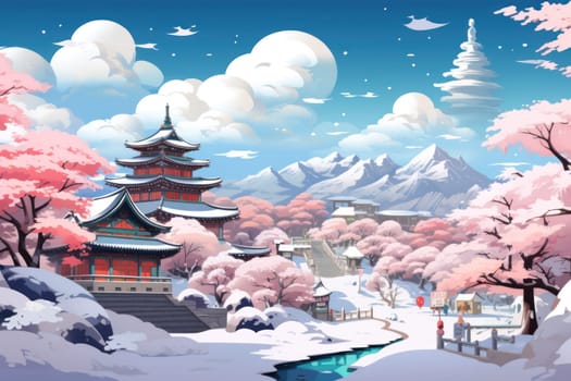 An exquisite winter composition, expertly capturing the tranquil allure of recently fallen snow draping over trees, landscapes, and architectural structures.