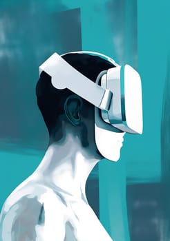 man metaverse head excited headset future vr cyberspace tech futuristic online goggles science digital glasses gadget minimal ai cyber technology person. Generative AI.