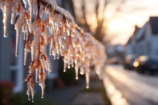 A remarkable portrayal of winter's allure, focusing on the glistening, see-through charm of icicles suspended from rooftops and tree limbs, showcasing their sparkling and crystalline elegance.