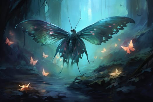 A captivating portrayal of celestial moth guardians, their ethereal presence warding off malevolent spirits with a soft, lunar glow.