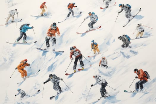 A dynamic portrayal of the exhilarating winter season, featuring individuals engaged in a range of invigorating activities such as skiing, snowboarding, and ice skating.