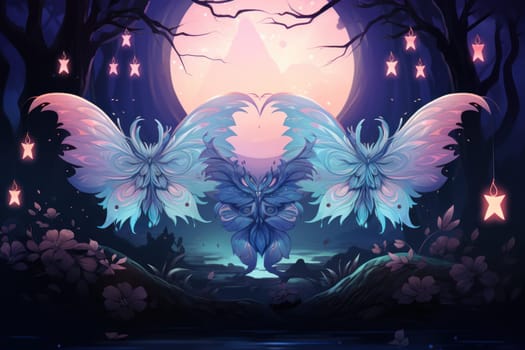 A captivating portrayal of celestial moth guardians, their ethereal presence warding off malevolent spirits with a soft, lunar glow.