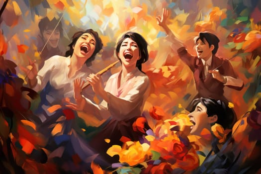 A whimsical portrayal of mischievous laughter sprites, their infectious joy and mirth radiating as they frolic through enchanted meadows.