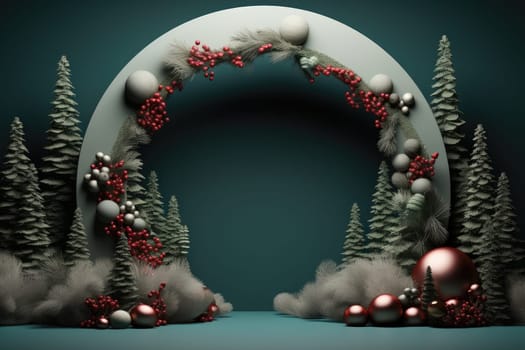 Podium for product display and Christmas baubles decoration. Generative AI.