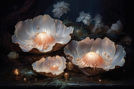 An enchanting depiction of radiant pearl oysters, tenderly nurturing exquisite pearls imbued with enigmatic properties.