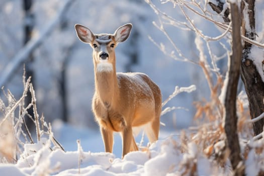 An enchanting winter tableau, showcasing the grace and resilience of wildlife, including deer, birds, and squirrels, in their natural habitats during the frosty season.