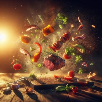 meat barbacue flying pieces of meat and veggies , splahing sauces, sunset golden light generative ai art