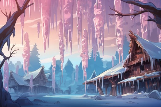 A remarkable portrayal of winter's allure, focusing on the glistening, see-through charm of icicles suspended from rooftops and tree limbs, showcasing their sparkling and crystalline elegance.