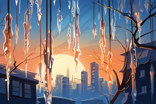 A remarkable portrayal of winter's allure, focusing on the glistening, see-through charm of icicles suspended from rooftops and tree limbs, showcasing their sparkling and crystalline elegance.