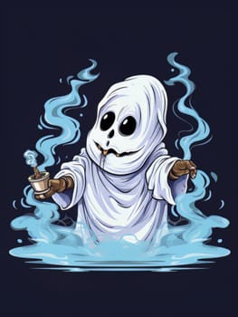 Cartoon ghost white sheet with smoking incense isolated, Halloween concept, AI