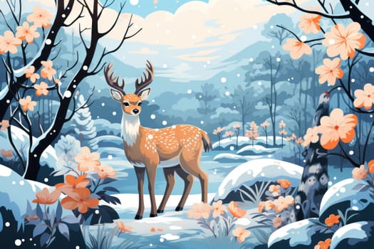 An enchanting winter tableau, showcasing the grace and resilience of wildlife, including deer, birds, and squirrels, in their natural habitats during the frosty season.