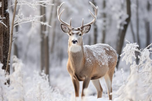 An enchanting winter tableau, showcasing the grace and resilience of wildlife, including deer, birds, and squirrels, in their natural habitats during the frosty season.