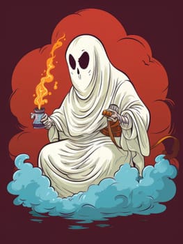 Cartoon ghost white sheet with smoking incense on red smoky background, Halloween concept, AI
