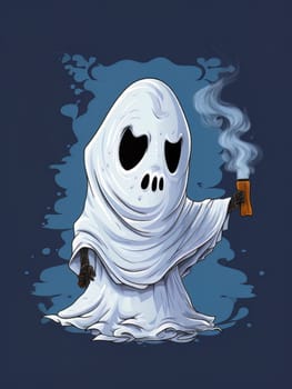 Cartoon ghost white sheet with smoking incense on blue smoky background, Halloween concept, AI