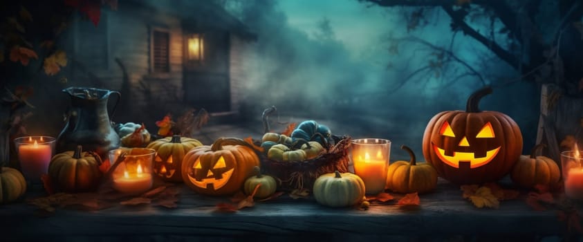 night table scary candle background illustration mystery blue moon fear sky horror wooden pumpkin halloween evil card funny glowing grunge autumn. Generative AI.