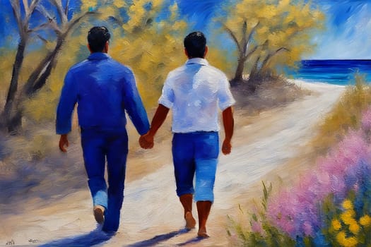 gay loving couple walking by hand in the beach, romantic open mixed race and gender relationship illustration concept generative ai art