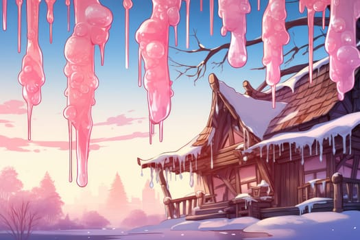 A remarkable portrayal of winter's allure, focusing on the glistening, see-through charm of icicles suspended from rooftops and tree limbs, showcasing their sparkling and crystalline elegance.