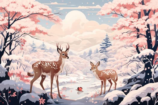 An enchanting winter tableau, showcasing the grace and resilience of wildlife, including deer, birds, and squirrels, in their natural habitats during the frosty season.