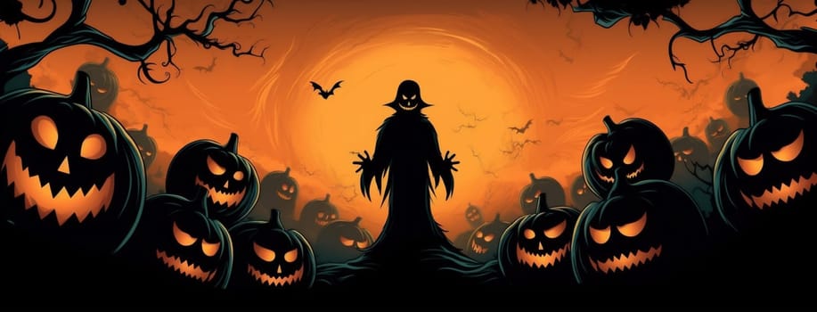 black light farm treat spooky pumpkin old bat fear ghost holiday dark horror grave moon halloween orange night october background. Generative AI.