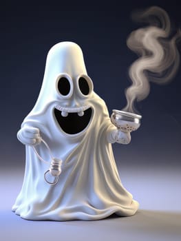 Cartoon ghost white sheet with smoking incense isolated, Halloween concept, AI