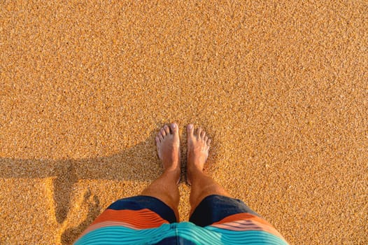 Top view of male legs in colored shorts on golden sand in sunlight. First person view of sandy beach in summer on vacation.