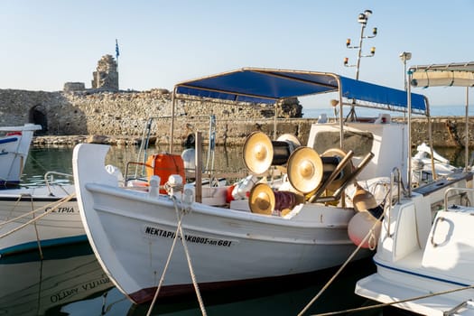 Boat moored in the port of Naoussa, Paros