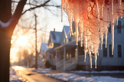 A remarkable portrayal of winter's allure, focusing on the glistening, see-through charm of icicles suspended from rooftops and tree limbs, showcasing their sparkling and crystalline elegance.