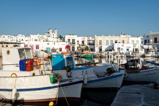 Boats moored in the port of Naoussa, Paros