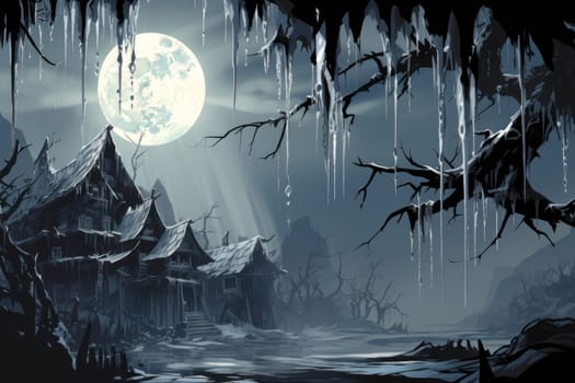 A remarkable portrayal of winter's allure, focusing on the glistening, see-through charm of icicles suspended from rooftops and tree limbs, showcasing their sparkling and crystalline elegance.