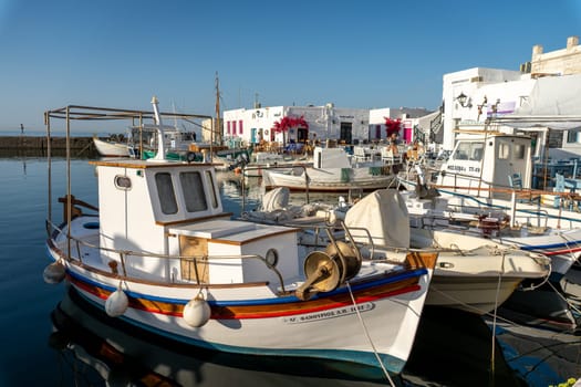Boat moored in the port of Naoussa, Paros