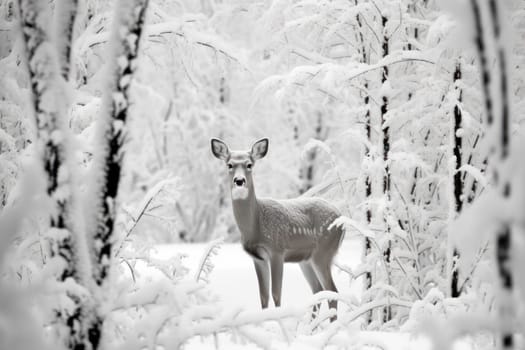 An enchanting winter tableau, showcasing the grace and resilience of wildlife, including deer, birds, and squirrels, in their natural habitats during the frosty season.