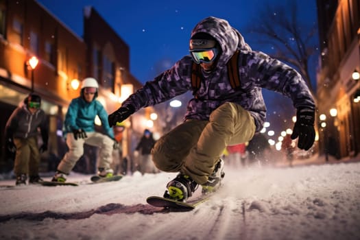 A dynamic portrayal of the exhilarating winter season, featuring individuals engaged in a range of invigorating activities such as skiing, snowboarding, and ice skating.