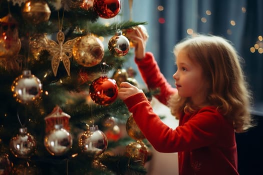 Caucasian person girl merry holiday winter red year beautiful decorate cute xmas childhood december children home kid ball christmas celebrating little tree