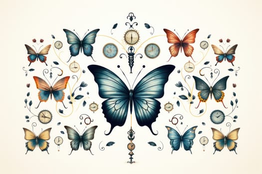 An enchanting portrayal of ethereal clockwork butterflies, fluttering gracefully with intricate precision, each adorned with intricate gears and delicate wings that shimmer with fantastical hues.