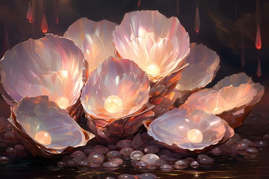 An enchanting depiction of radiant pearl oysters, tenderly nurturing exquisite pearls imbued with enigmatic properties.