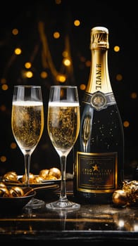 Glasses and bottle with champagne, gold decor, balls on a background of bokeh garlands. Christmas and New Year background.