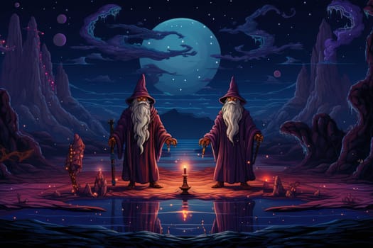 A mesmerizing portrayal of venerable and formidable wizards, exuding wisdom as they masterfully cast intricate arcane spells, wielding ancient staffs adorned with mystic runes.