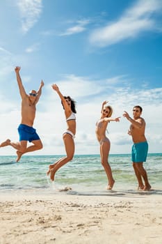 Group of laughing young people on the beach in summer holiday leisure lifestyle