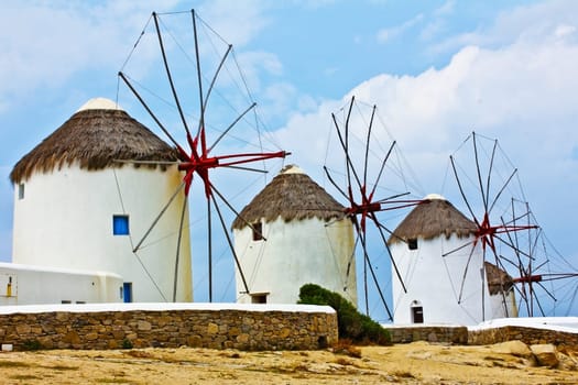 A closeup picture of the famous windmills of the island of Mykonos Greek..
