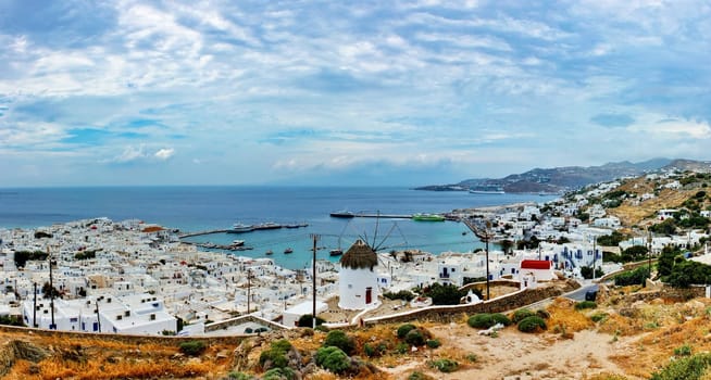 A beautiful panorama view of the harbour of Mykonos, island in Greek in the.Mediterranean see..
