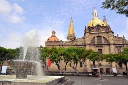 The old cathedral with yellow roofs in the historical centre of Guadalajara, Jalisco, Mexico