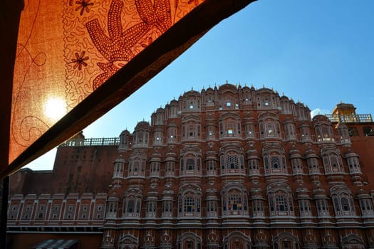 A cloth flying over the Hawa Mahal, Palace of Winds in Jaipur, Rajasthan, India.