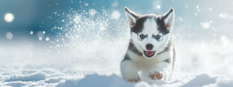 Siberian Husky puppy jumping and running in the snow in a winter field, Generative AI, animals
