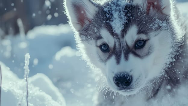 Siberian Husky puppy jumping and running in the snow in a winter field, Generative AI, animals