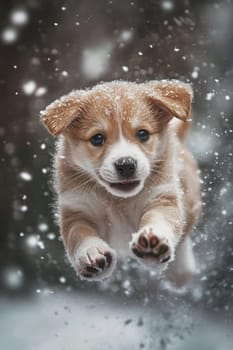 Siberian Husky puppy jumping and running in the snow in a winter field, Generative AI, animals