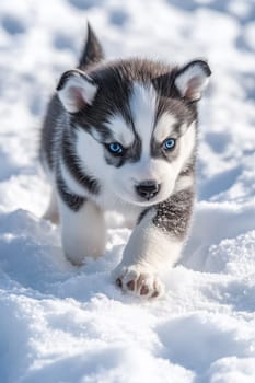 Siberian Husky puppy jumping and running in the snow in a winter field, Generative AI, animals