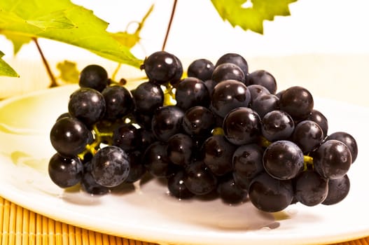 fresh red grapes with vine leaves on white background